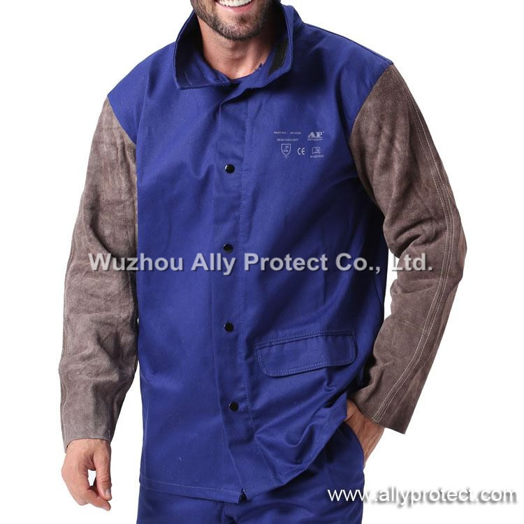 AP-2530 Blue FR & Charcoal-brown Leather Welding Jacket